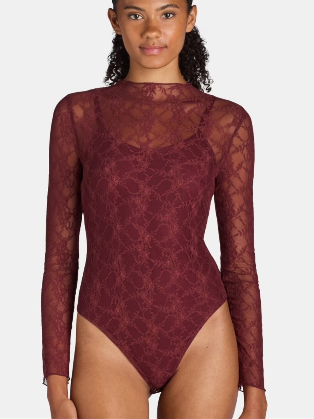 Madden NYC Y2K Baddie Lace Sheer Lined High Neck Thong Burgandy BodySuit XXL